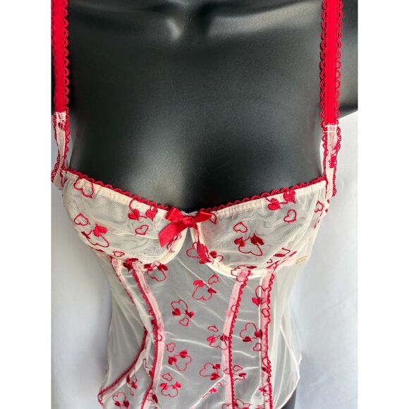 Adore Me Red Corset Lingerie Top Bustier 36B Romantic Mesh Lace Hearts Date - Picture 2 of 11